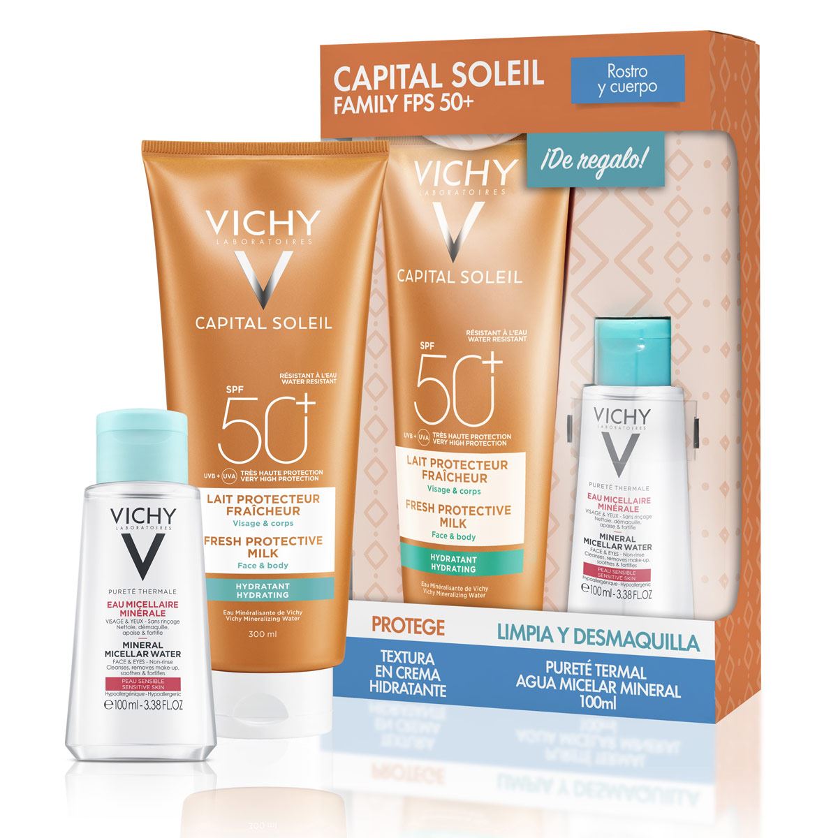 KIT VICHY CAPITAL SOLEIL FAMILY FPS50 + AGUA MICELAR MINERAL DE 100 ML